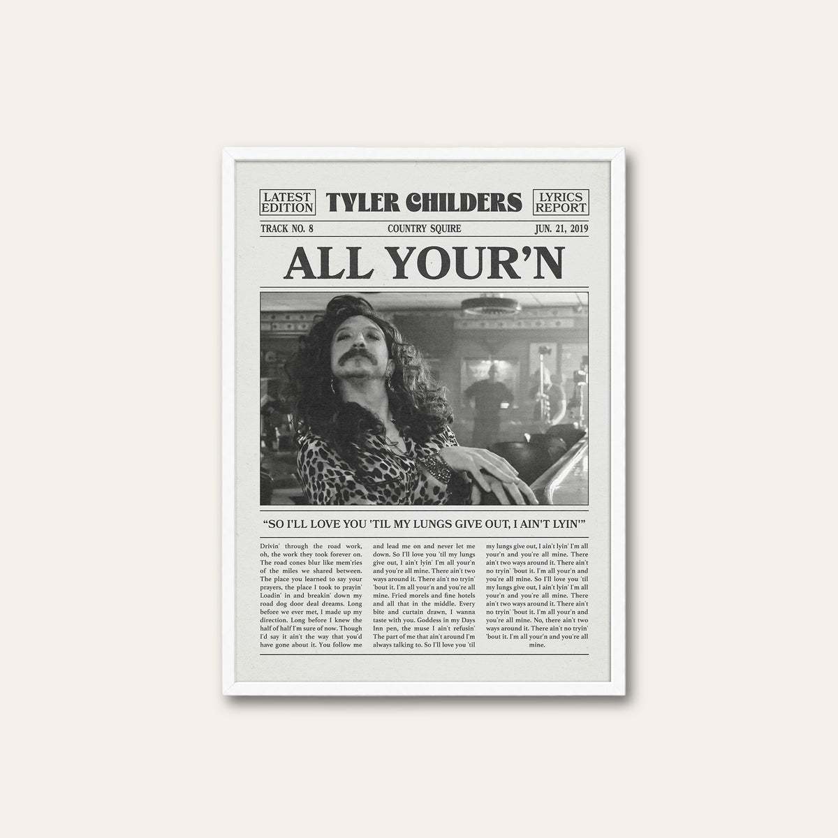 Tyler Childers All Your'n newspaper poster, Patterned Shirt — white frame