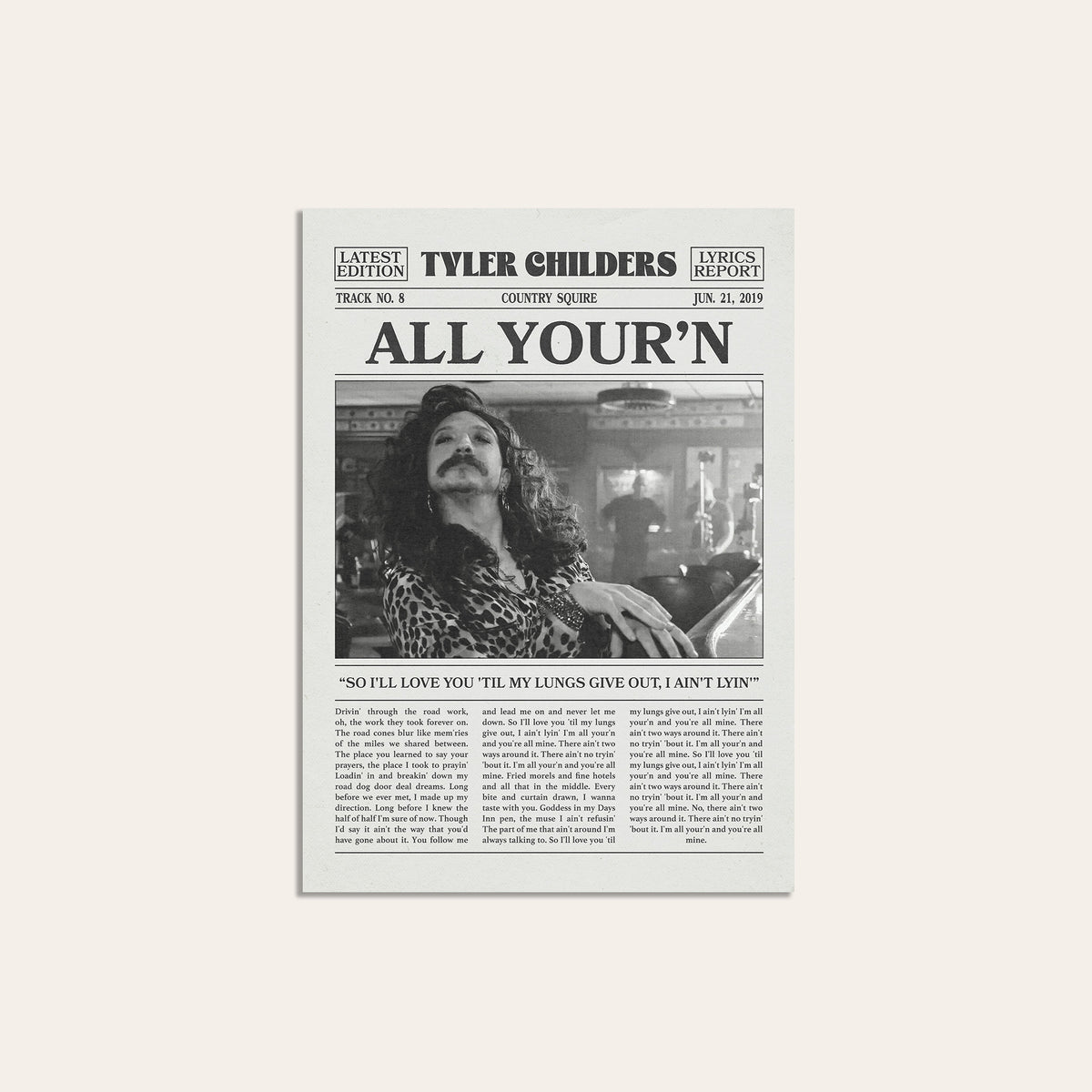 Tyler Childers All Your'n newspaper poster, Patterned Shirt — unframed print