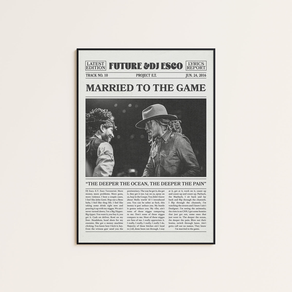 Future & DJ Esco Married to the Game newspaper poster — black frame display