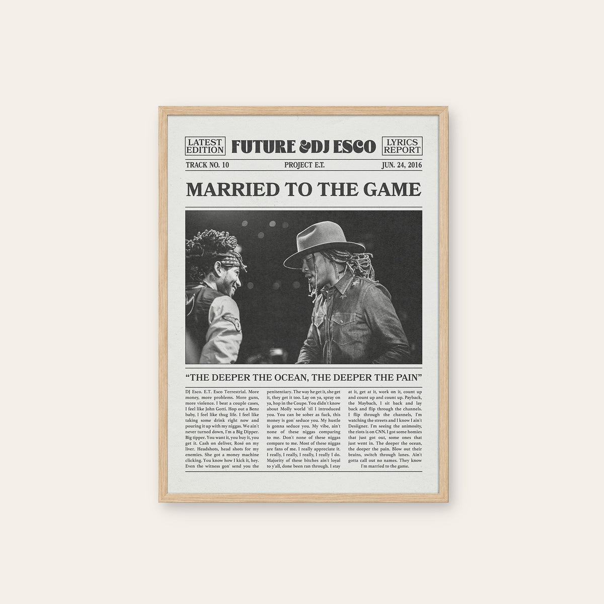 Future & DJ Esco Married to the Game newspaper poster — natural wood frame