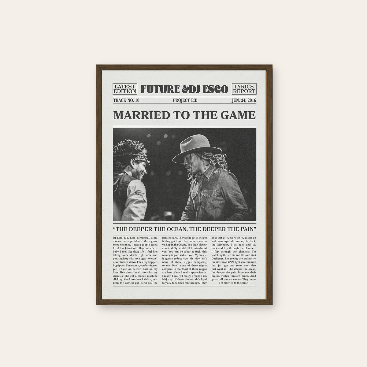 Future & DJ Esco Married to the Game newspaper poster — dark wood frame