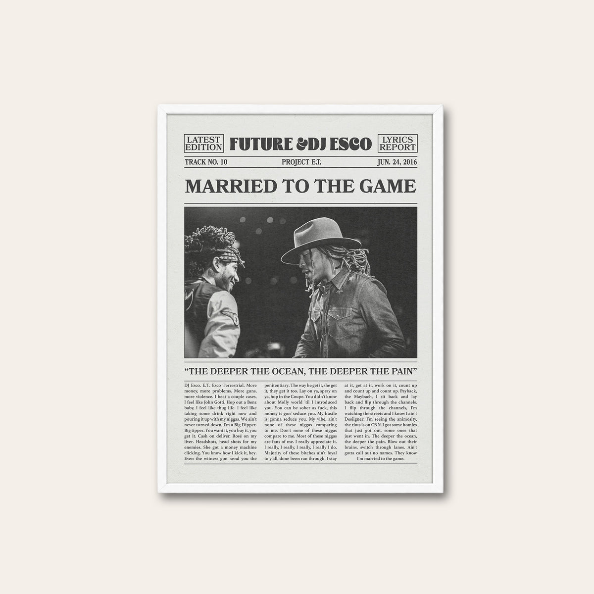 Future & DJ Esco Married to the Game newspaper poster — white frame