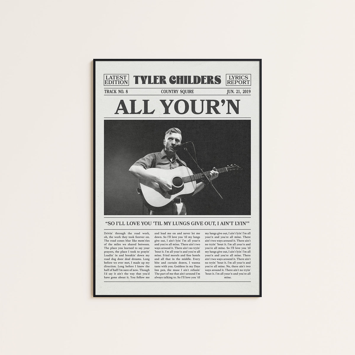 Tyler Childers All Your'n newspaper poster, Stage Guitar — black frame display