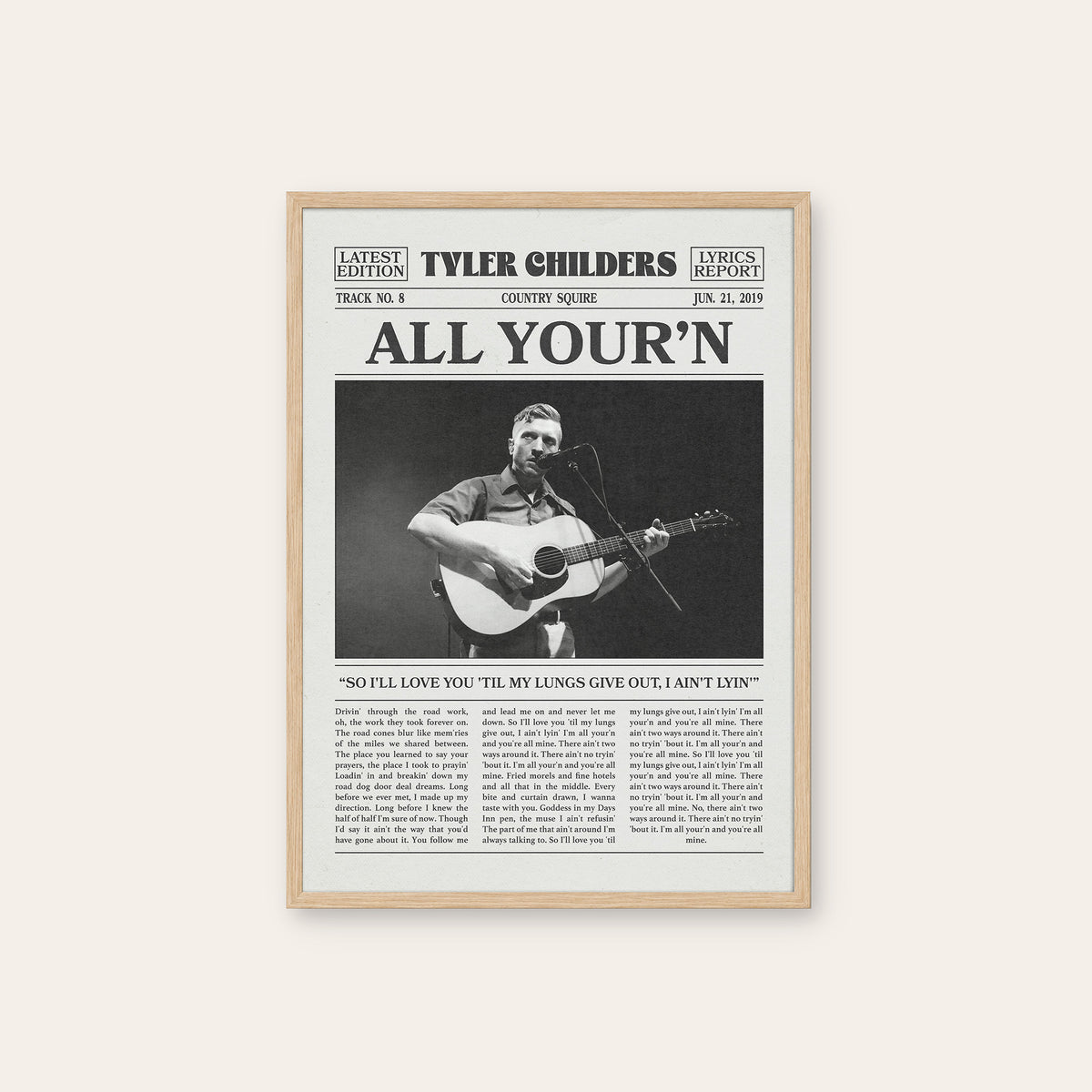 Tyler Childers All Your'n newspaper poster, Stage Guitar — natural wood frame