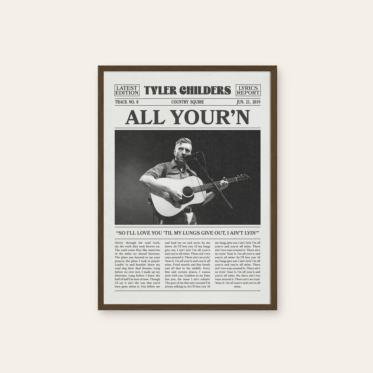 Tyler Childers All Your'n newspaper poster, Stage Guitar — dark wood frame