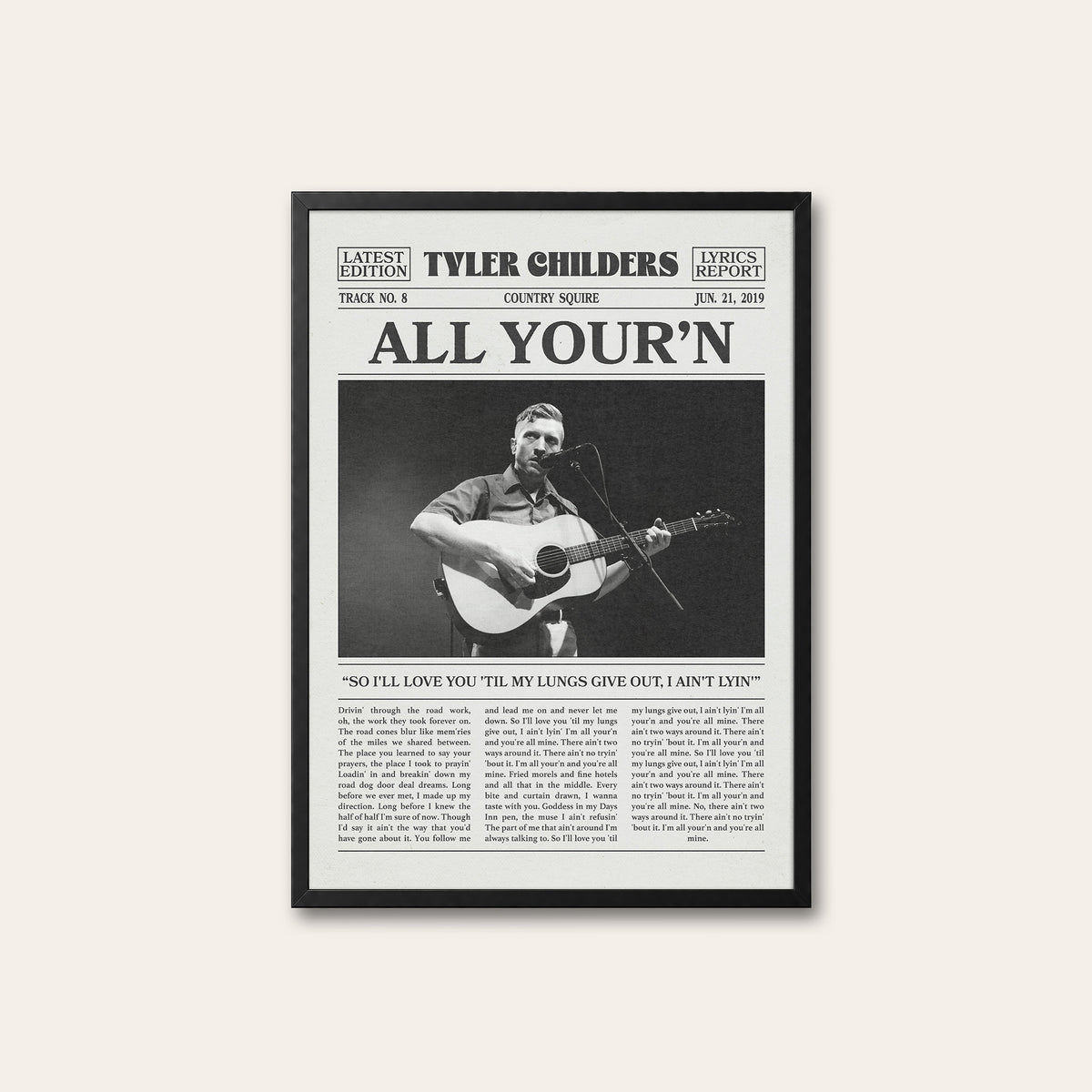 Tyler Childers All Your'n newspaper poster, Stage Guitar — black frame