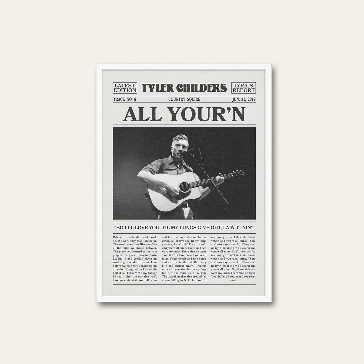 Tyler Childers All Your'n newspaper poster, Stage Guitar — white frame
