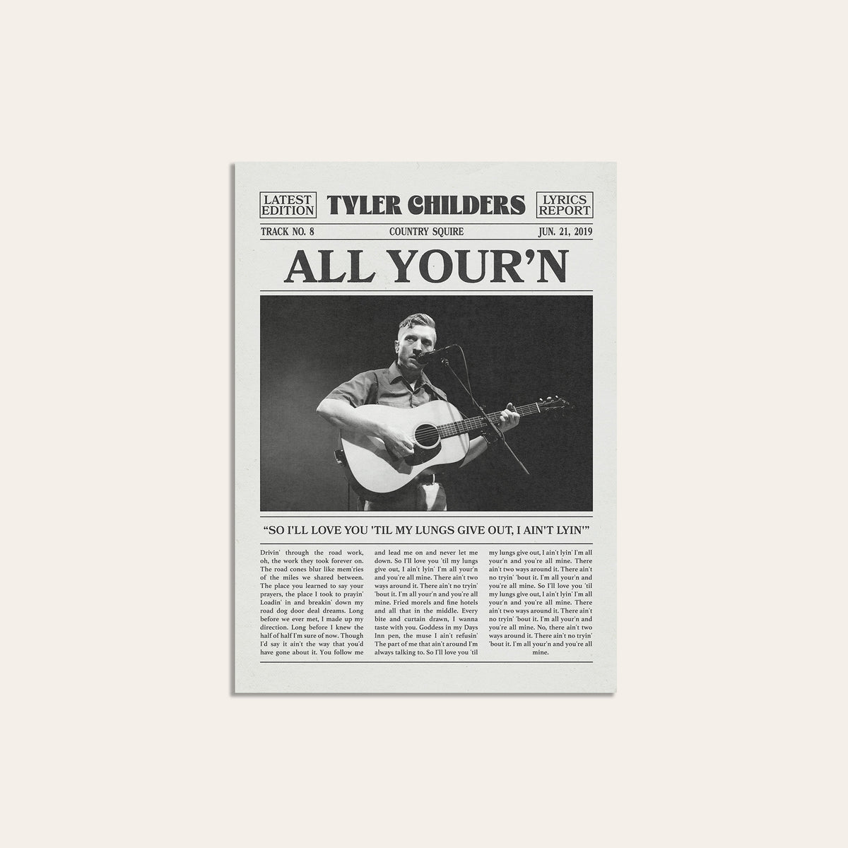 Tyler Childers All Your'n newspaper poster, Stage Guitar — unframed print