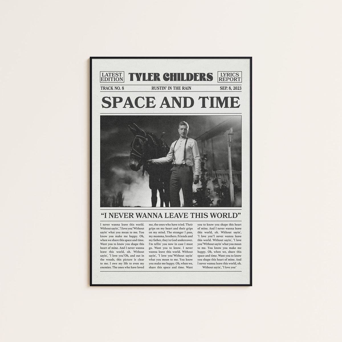 Tyler Childers Space and Time newspaper poster — black frame display