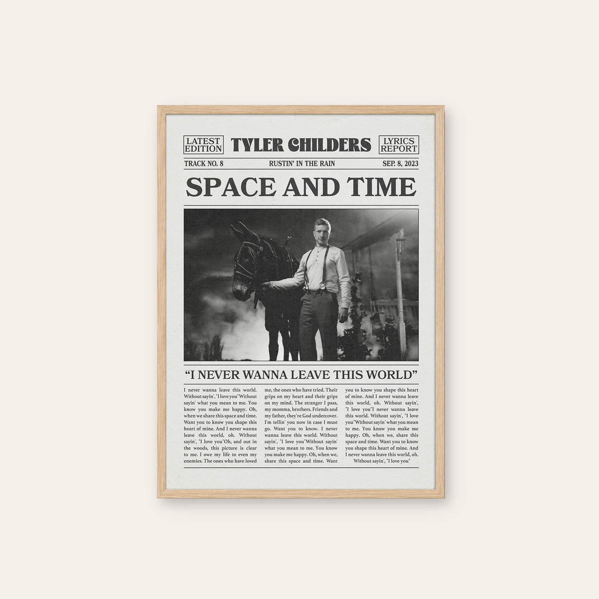 Tyler Childers Space and Time newspaper poster — natural wood frame