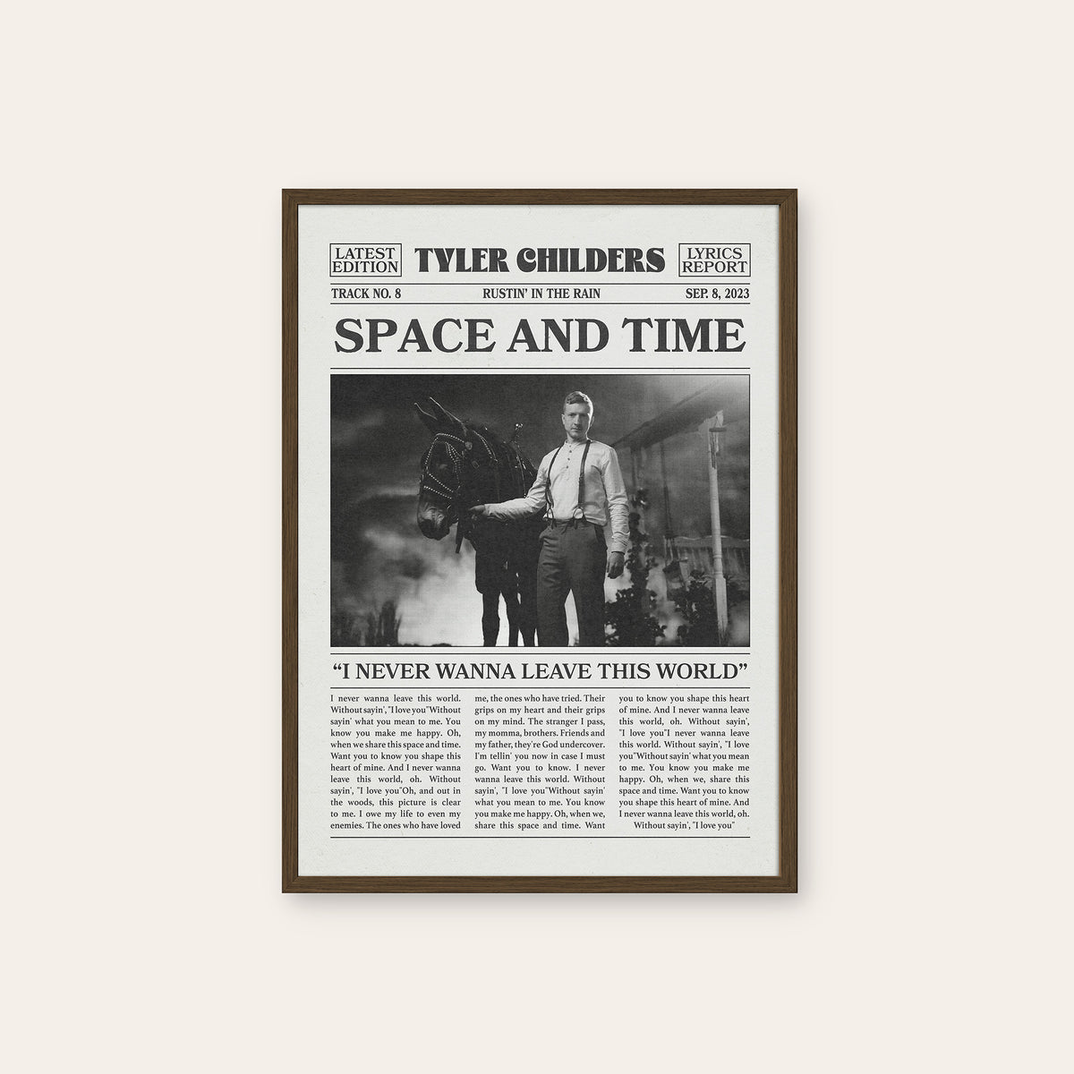 Tyler Childers Space and Time newspaper poster — dark wood frame