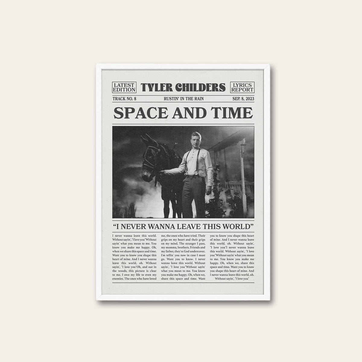 Tyler Childers Space and Time newspaper poster — white frame