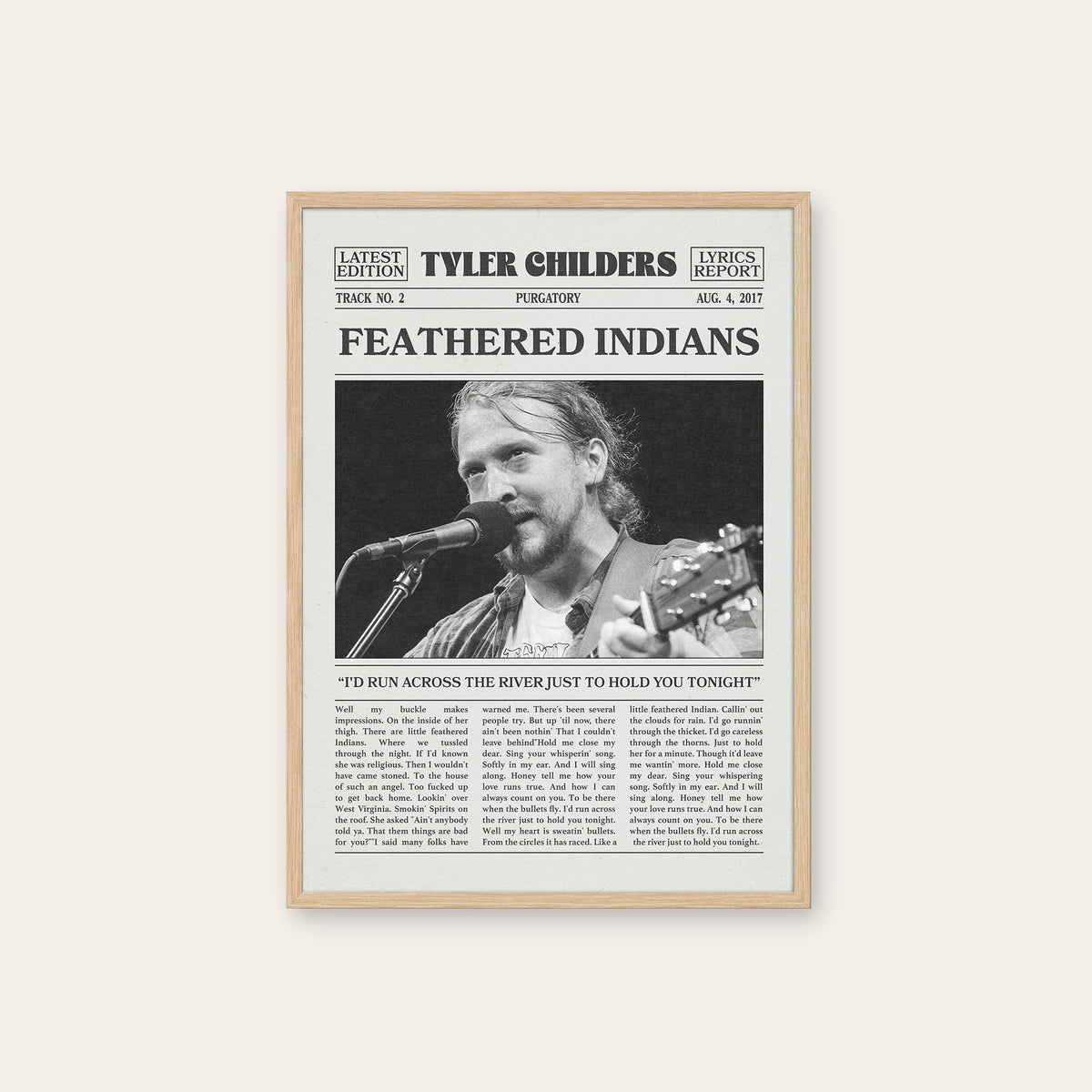 Tyler Childers Feathered Indians newspaper poster, Close-up — natural wood frame