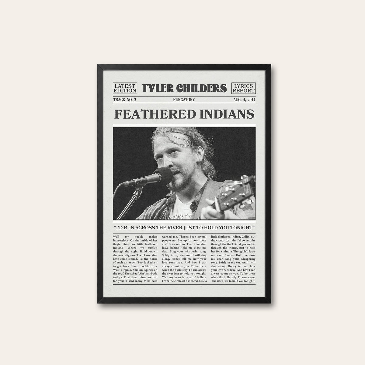 Tyler Childers Feathered Indians newspaper poster, Close-up — black frame
