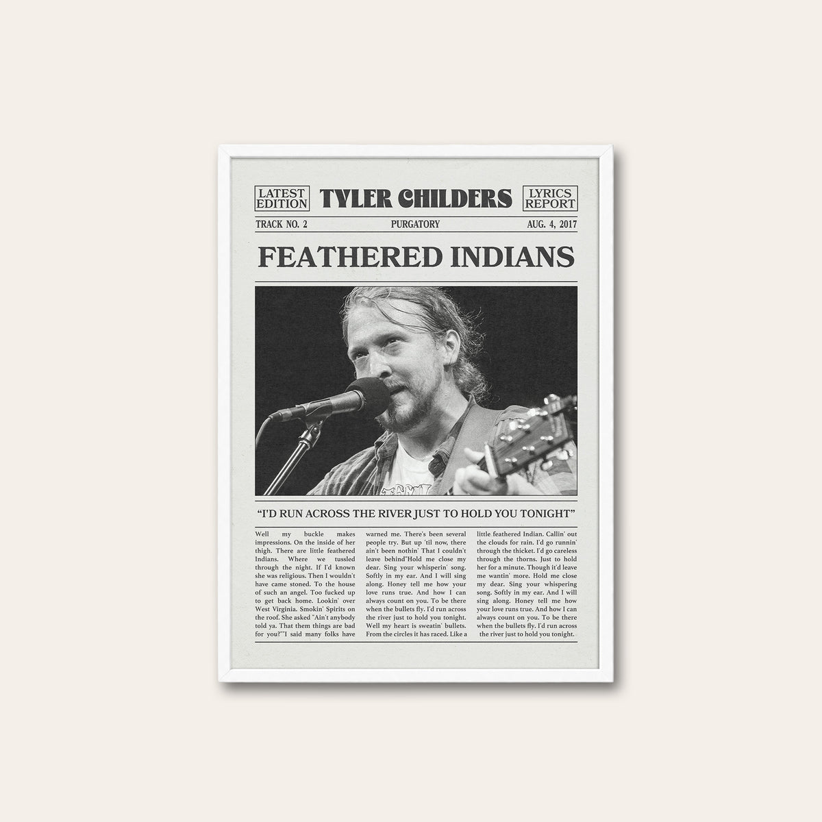 Tyler Childers Feathered Indians newspaper poster, Close-up — white frame