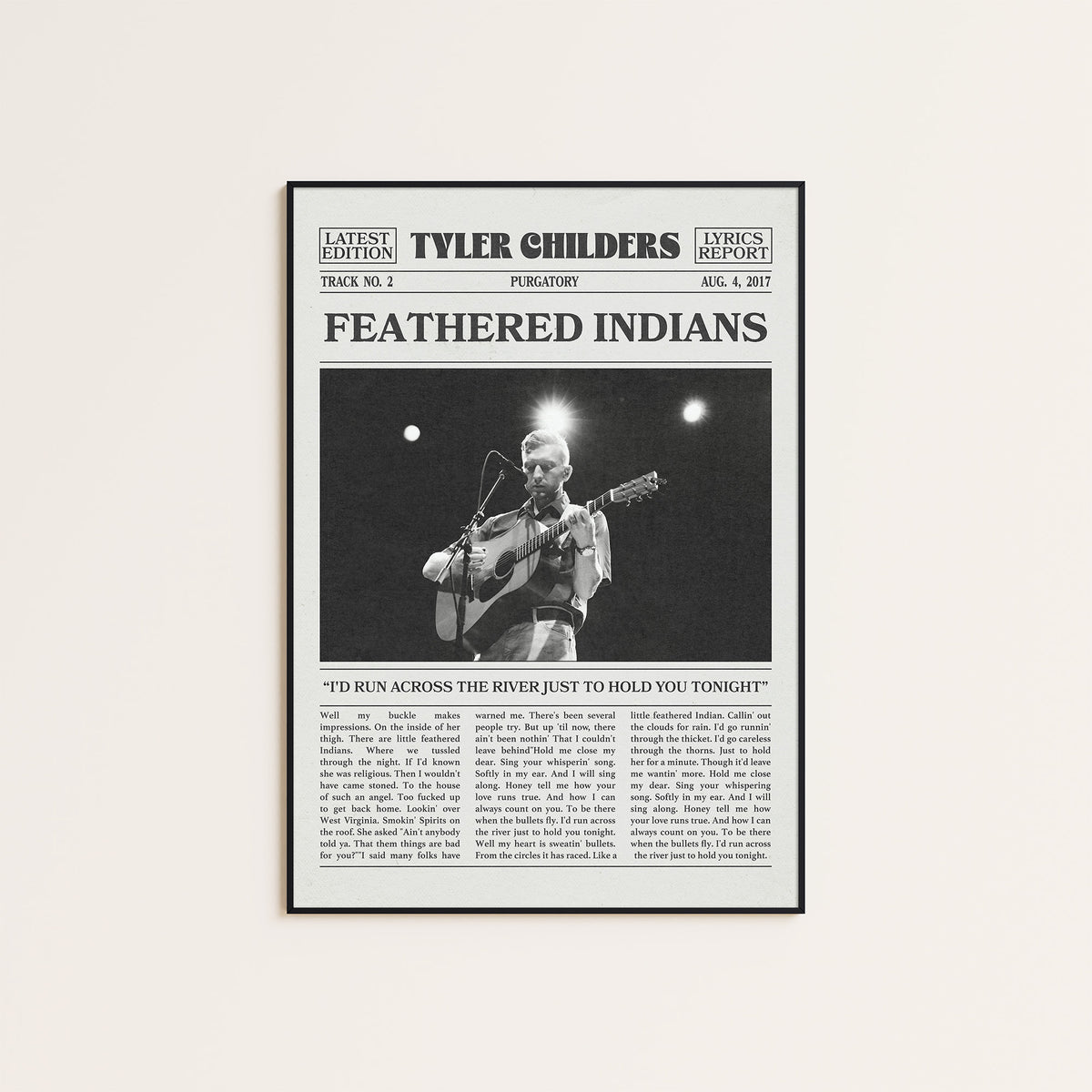 Tyler Childers Feathered Indians newspaper poster, Wide Stage — black frame display