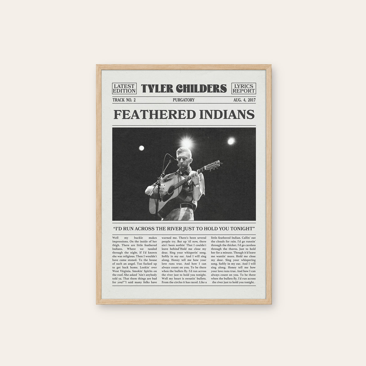 Tyler Childers Feathered Indians newspaper poster, Wide Stage — natural wood frame