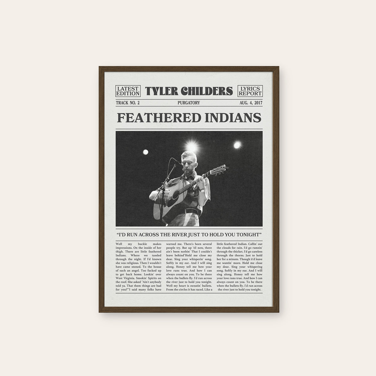 Tyler Childers Feathered Indians newspaper poster, Wide Stage — dark wood frame