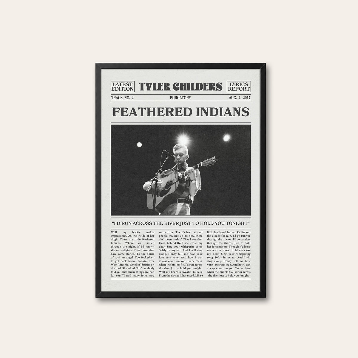 Tyler Childers Feathered Indians newspaper poster, Wide Stage — black frame