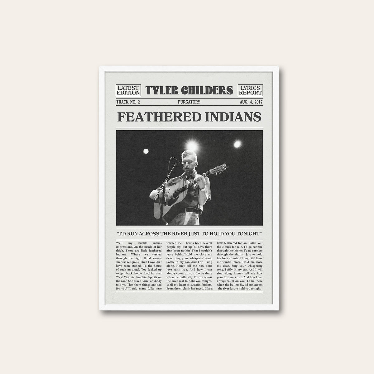 Tyler Childers Feathered Indians newspaper poster, Wide Stage — white frame