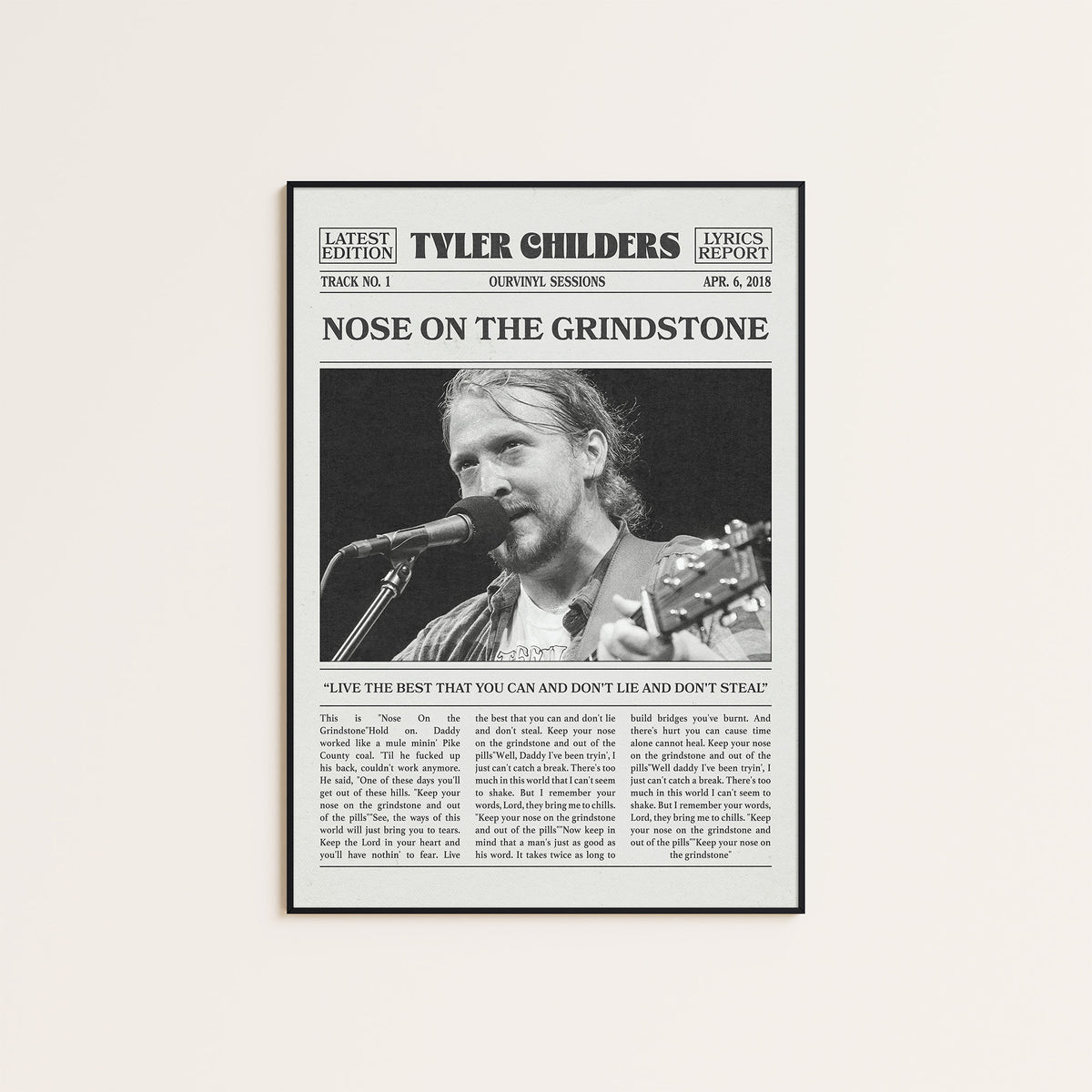 Tyler Childers Nose on the Grindstone newspaper poster — black frame display