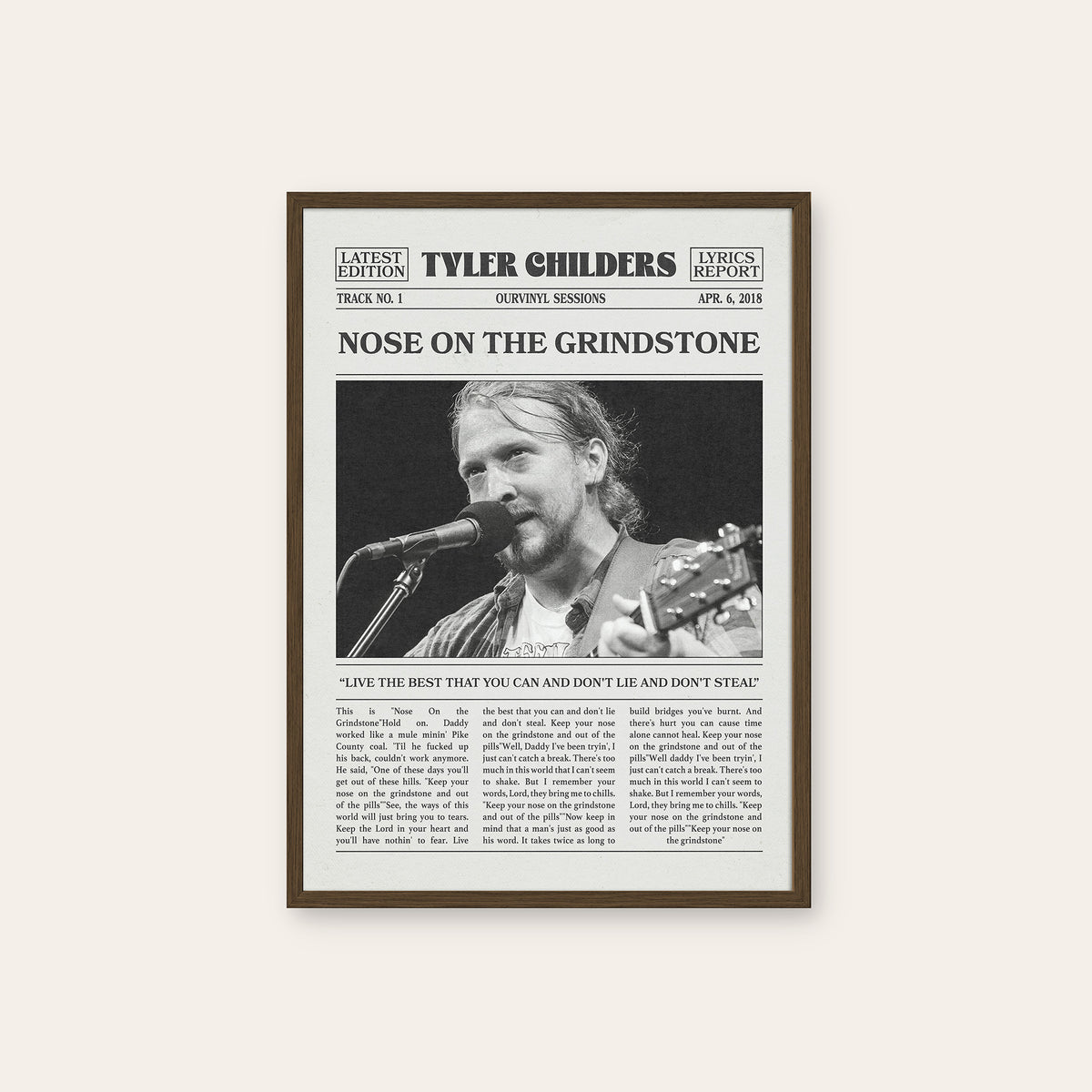 Tyler Childers Nose on the Grindstone newspaper poster — dark wood frame