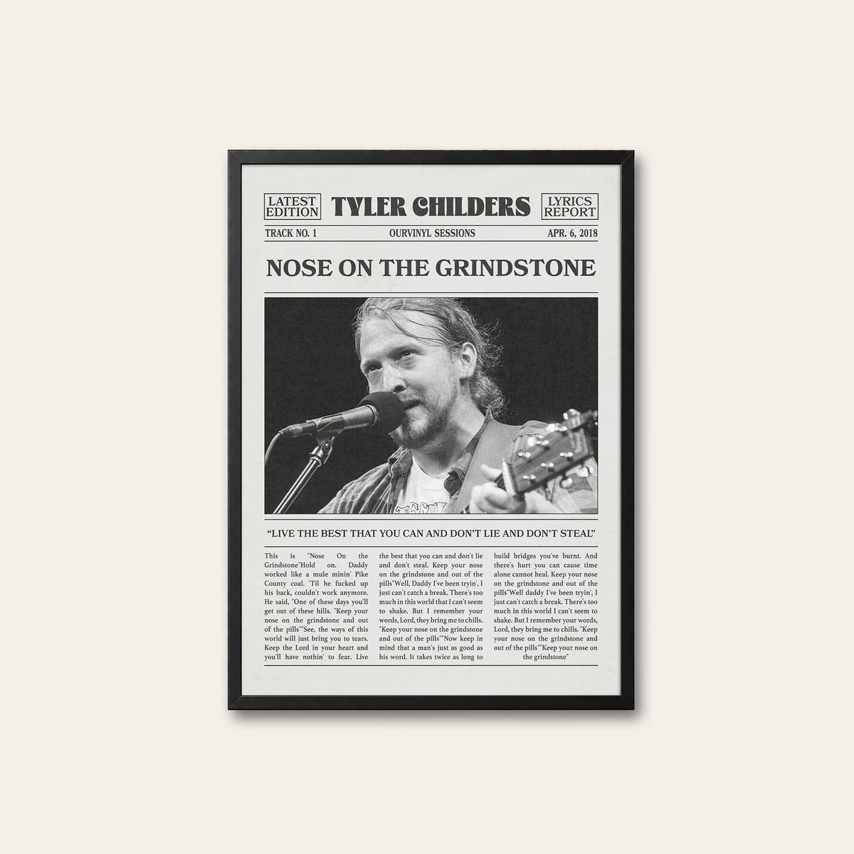 Tyler Childers Nose on the Grindstone newspaper poster — black frame