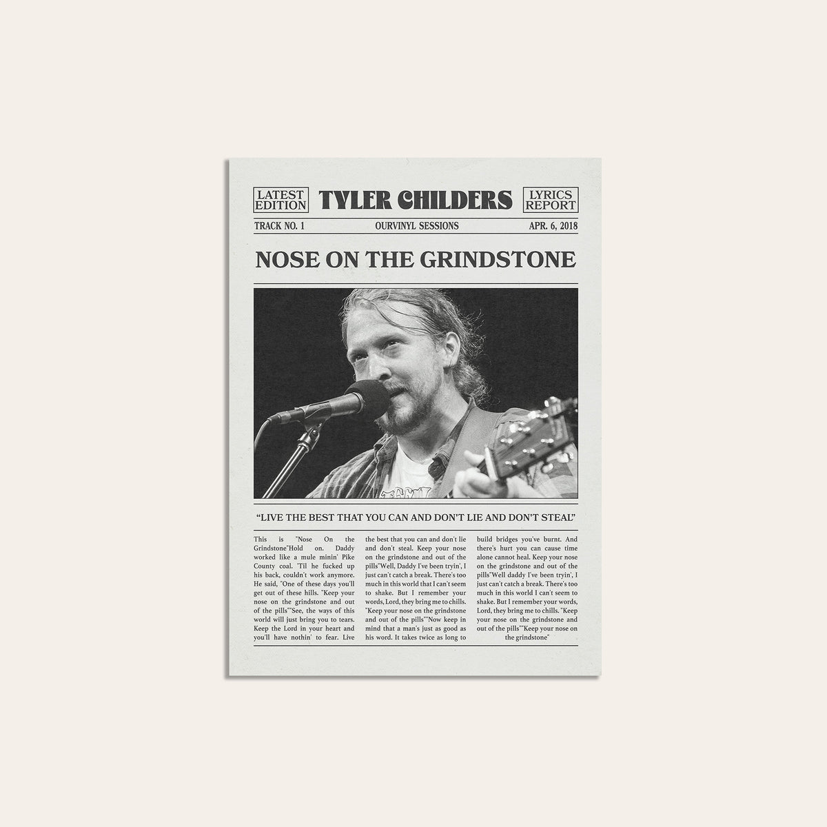 Tyler Childers Nose on the Grindstone newspaper poster — unframed print
