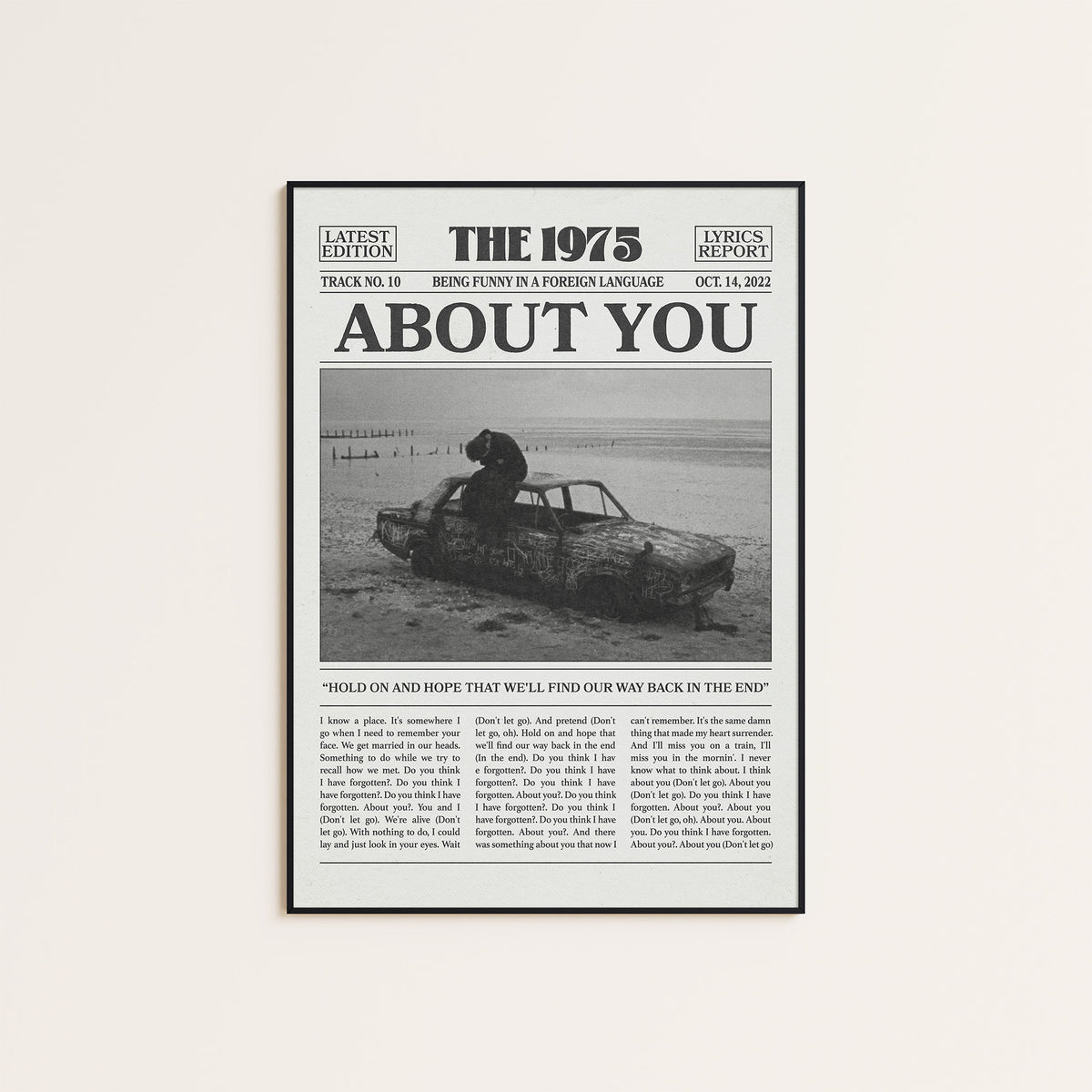 The 1975 About You newspaper poster — black frame display