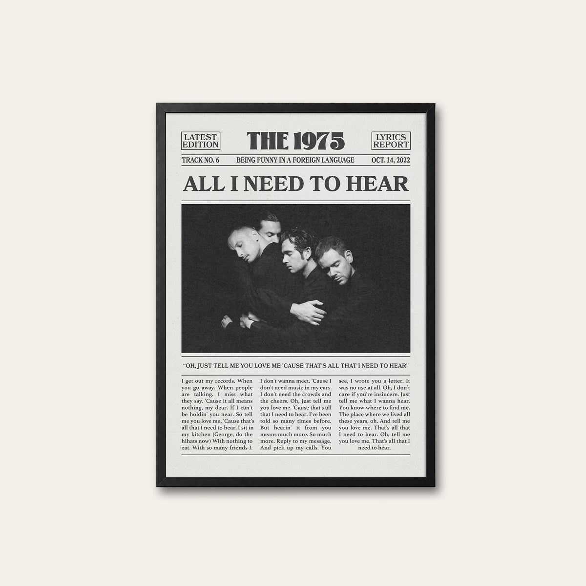 The 1975 All I Need to Hear newspaper poster, Band — black frame