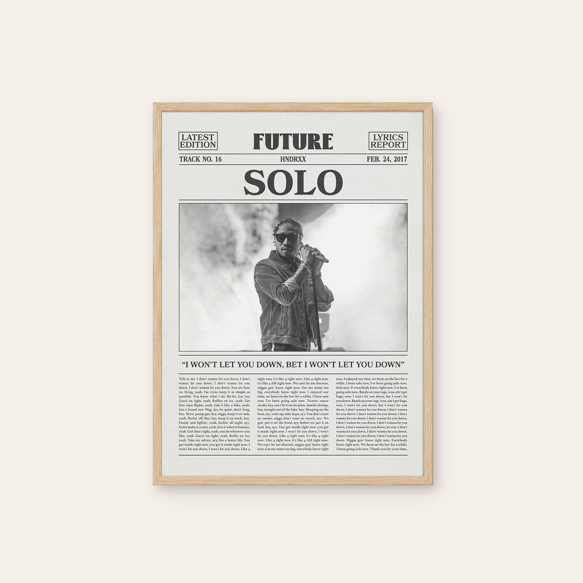 Future Solo newspaper poster — natural wood frame