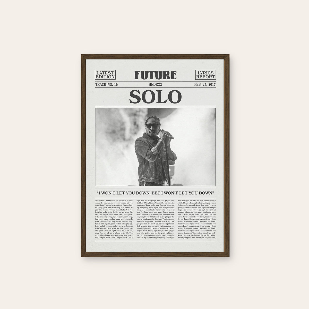 Future Solo newspaper poster — dark wood frame