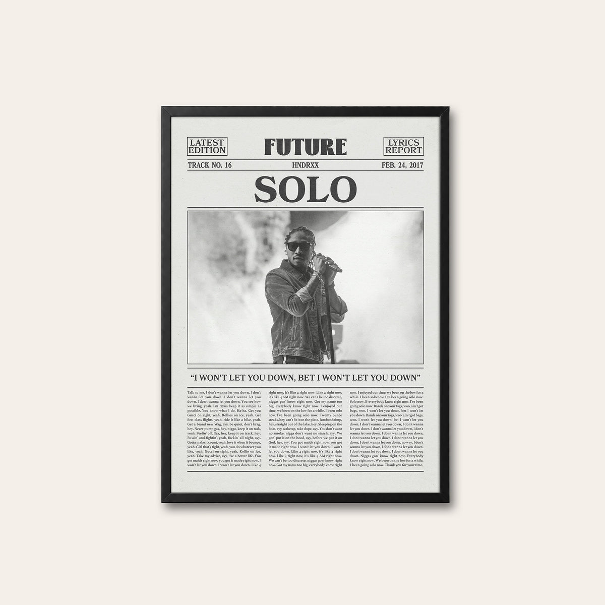 Future Solo newspaper poster — black frame