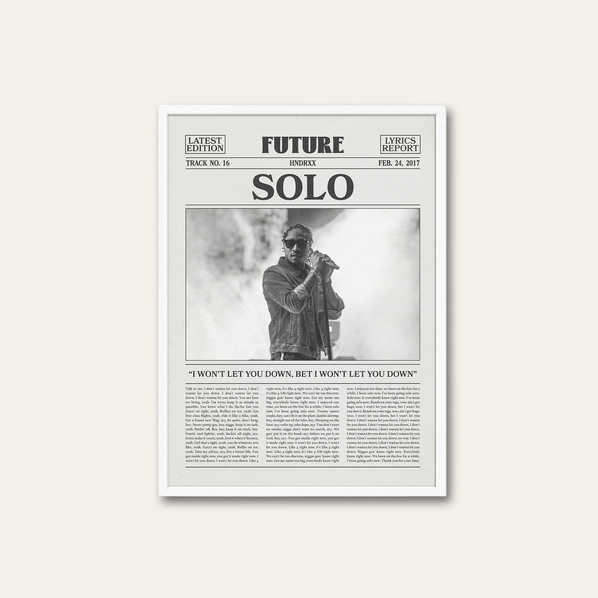 Future Solo newspaper poster — white frame