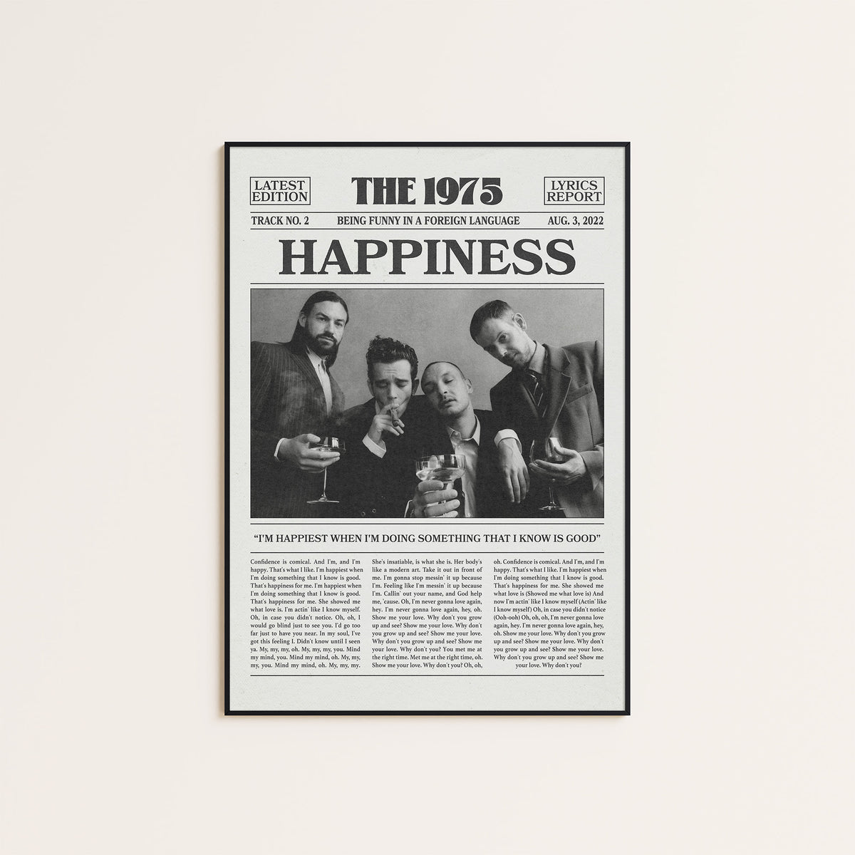 The 1975 Happiness newspaper poster — black frame display