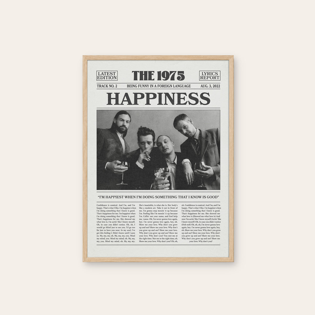 The 1975 Happiness newspaper poster — natural wood frame