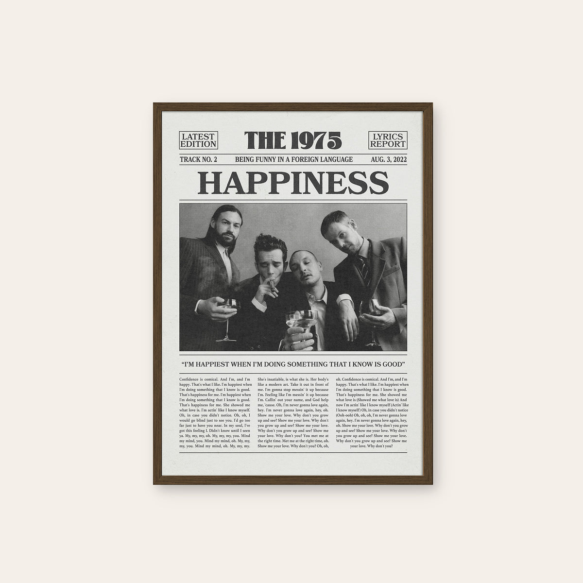 The 1975 Happiness newspaper poster — dark wood frame