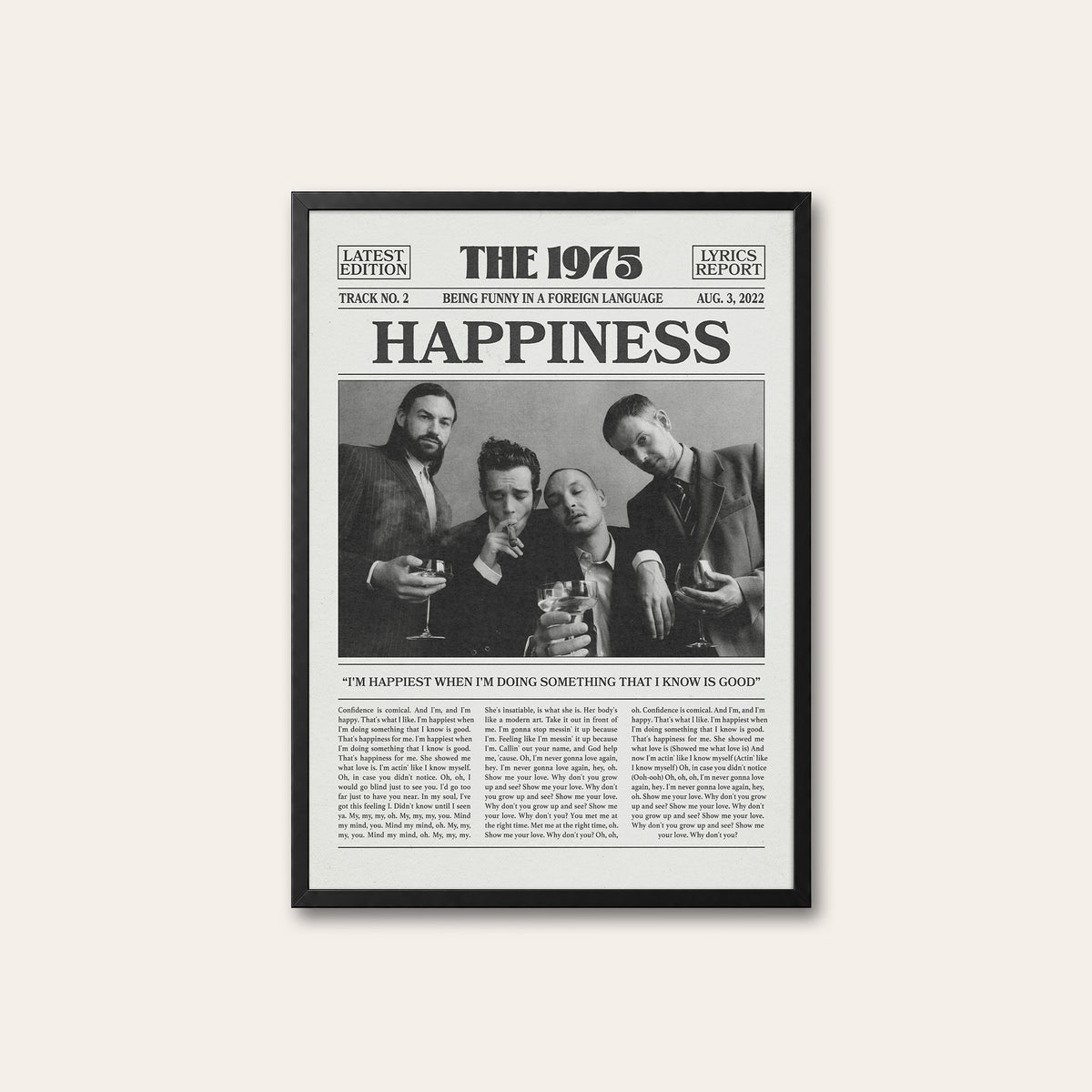 The 1975 Happiness newspaper poster — black frame