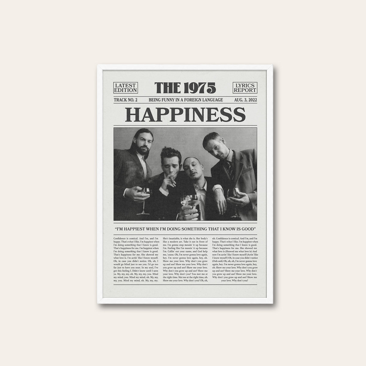 The 1975 Happiness newspaper poster — white frame