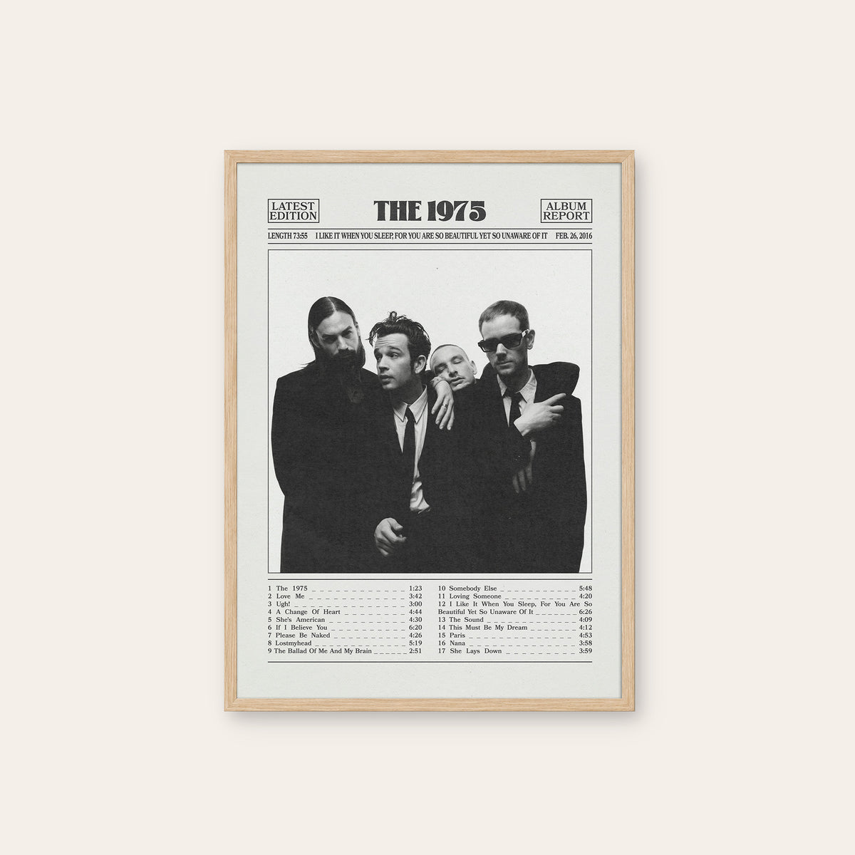 The 1975 I Like It When You Sleep album poster — natural wood frame