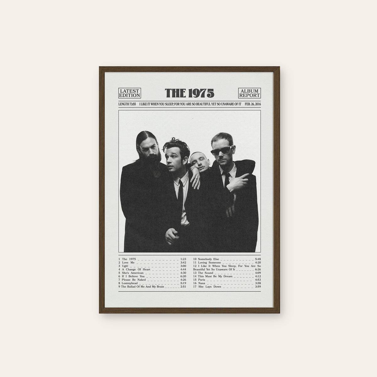 The 1975 I Like It When You Sleep album poster — dark wood frame