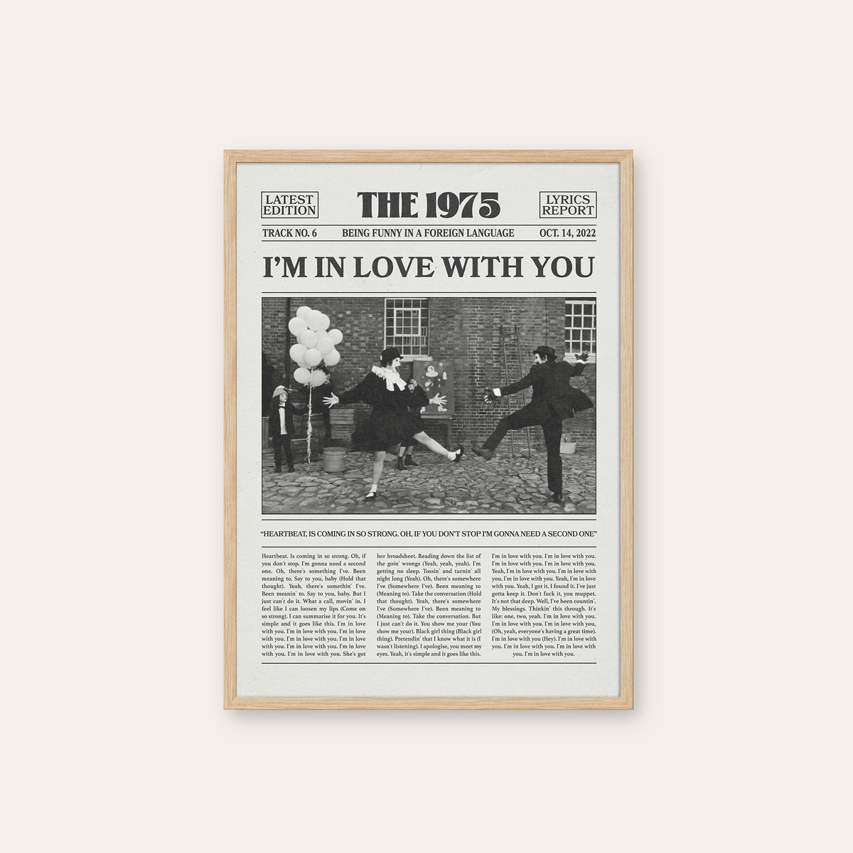 The 1975 I'm in Love with You newspaper poster — natural wood frame