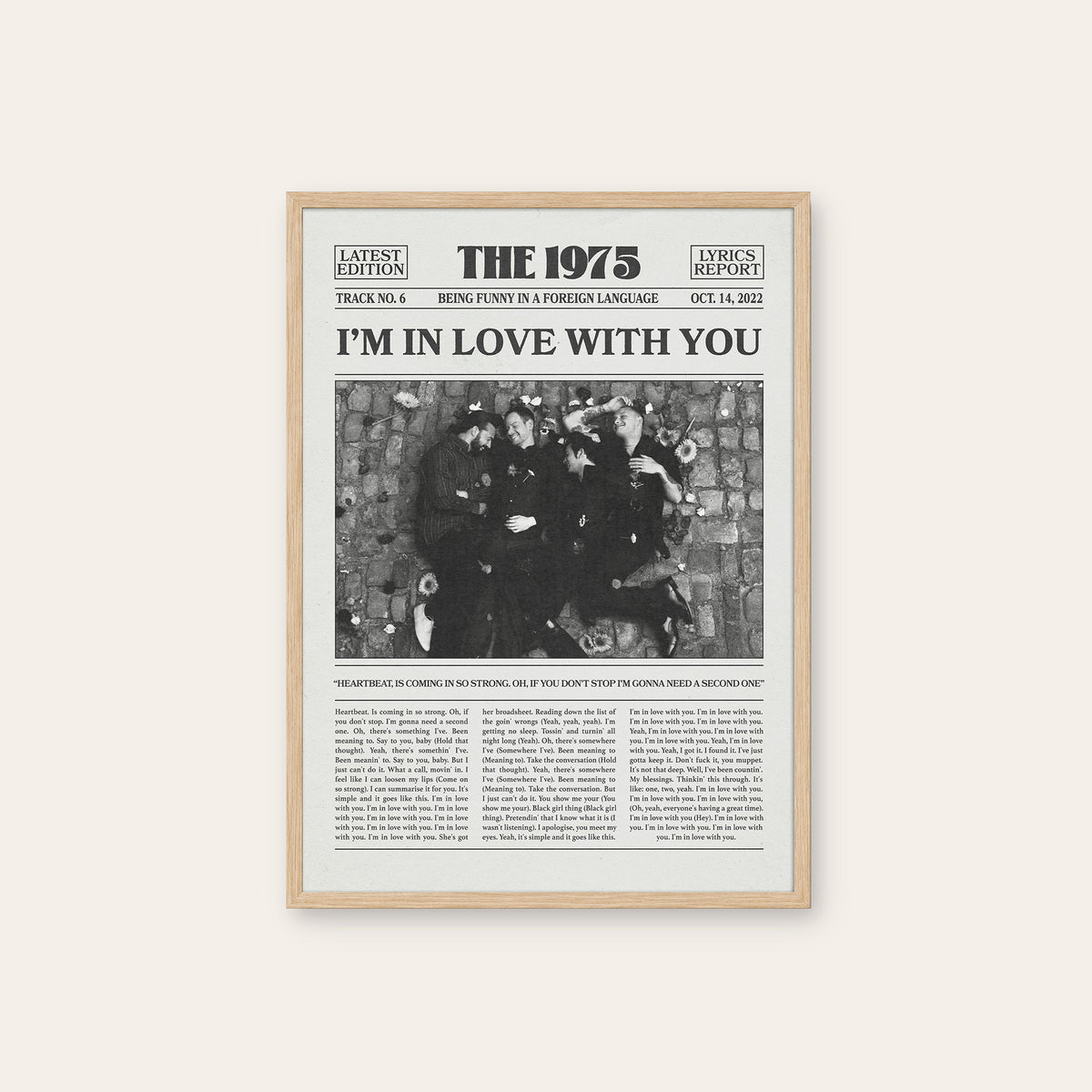 The 1975 I'm in Love with You newspaper poster — natural wood frame