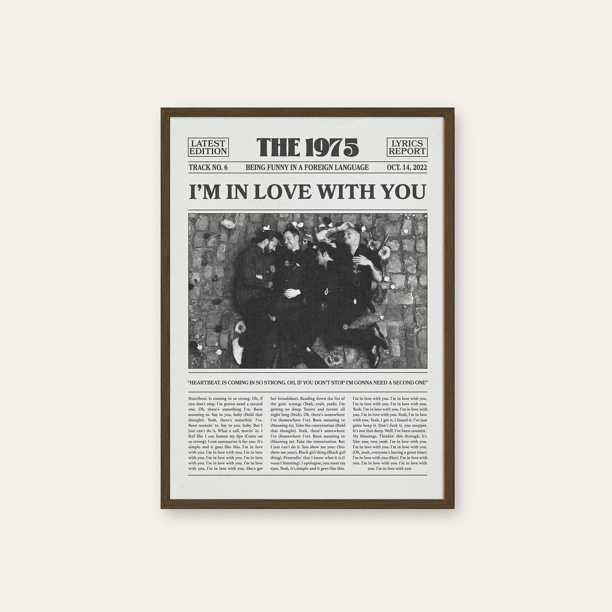 The 1975 I'm in Love with You newspaper poster — dark wood frame