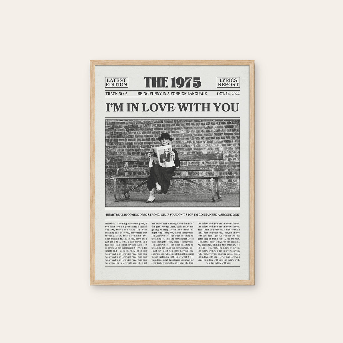 The 1975 I'm in Love with You newspaper poster — natural wood frame