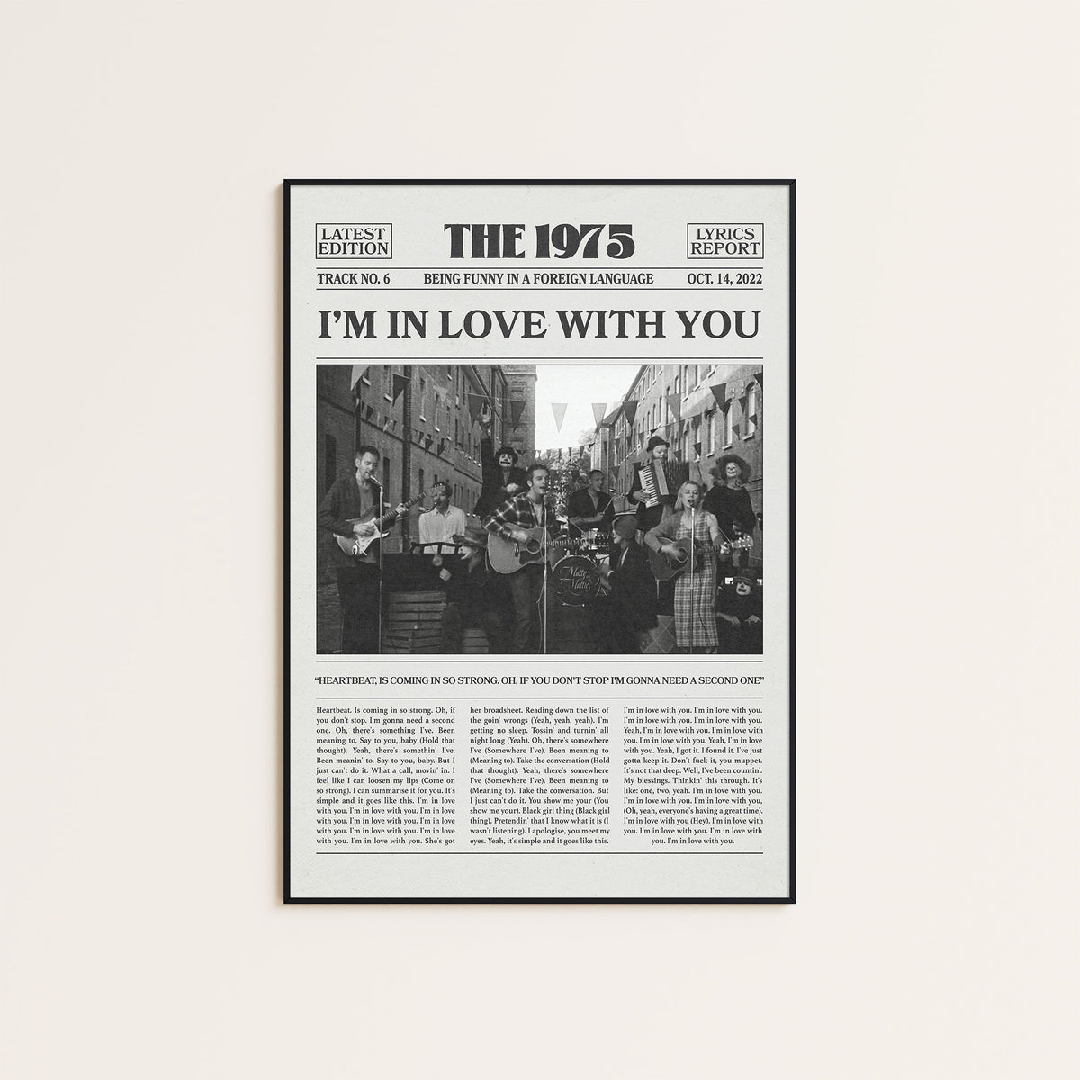 The 1975 I'm in Love with You newspaper poster — black frame display