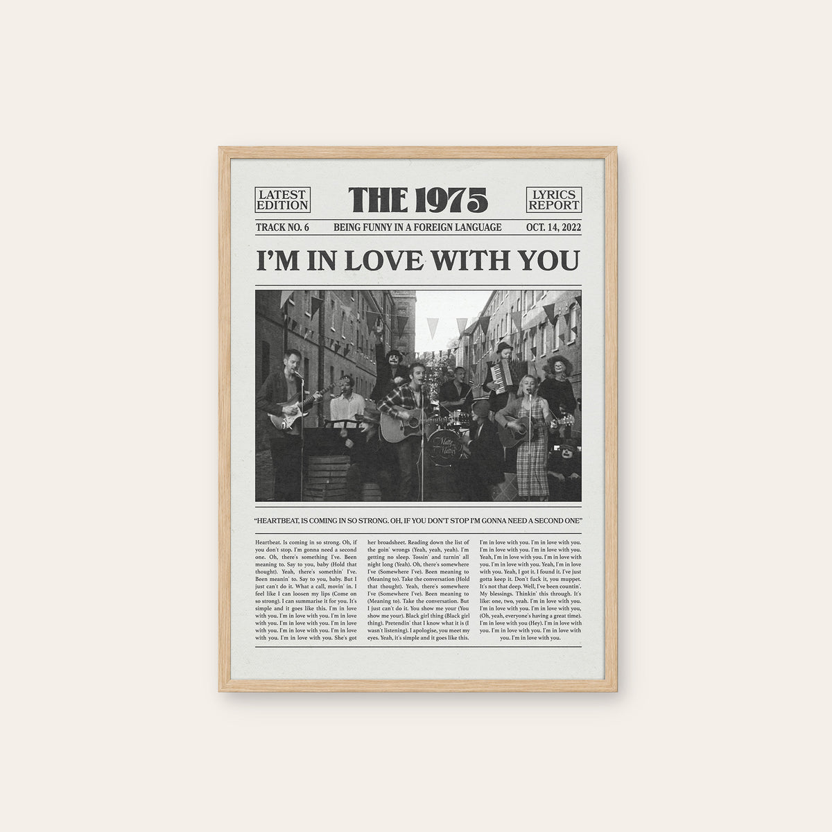 The 1975 I'm in Love with You newspaper poster — natural wood frame