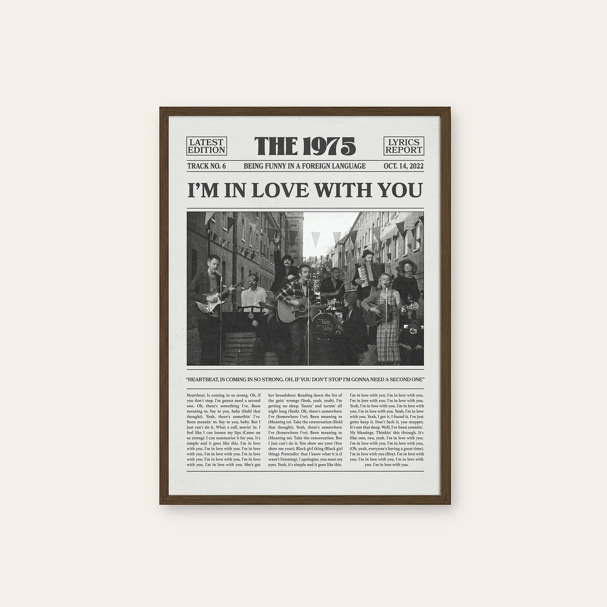 The 1975 I'm in Love with You newspaper poster — dark wood frame