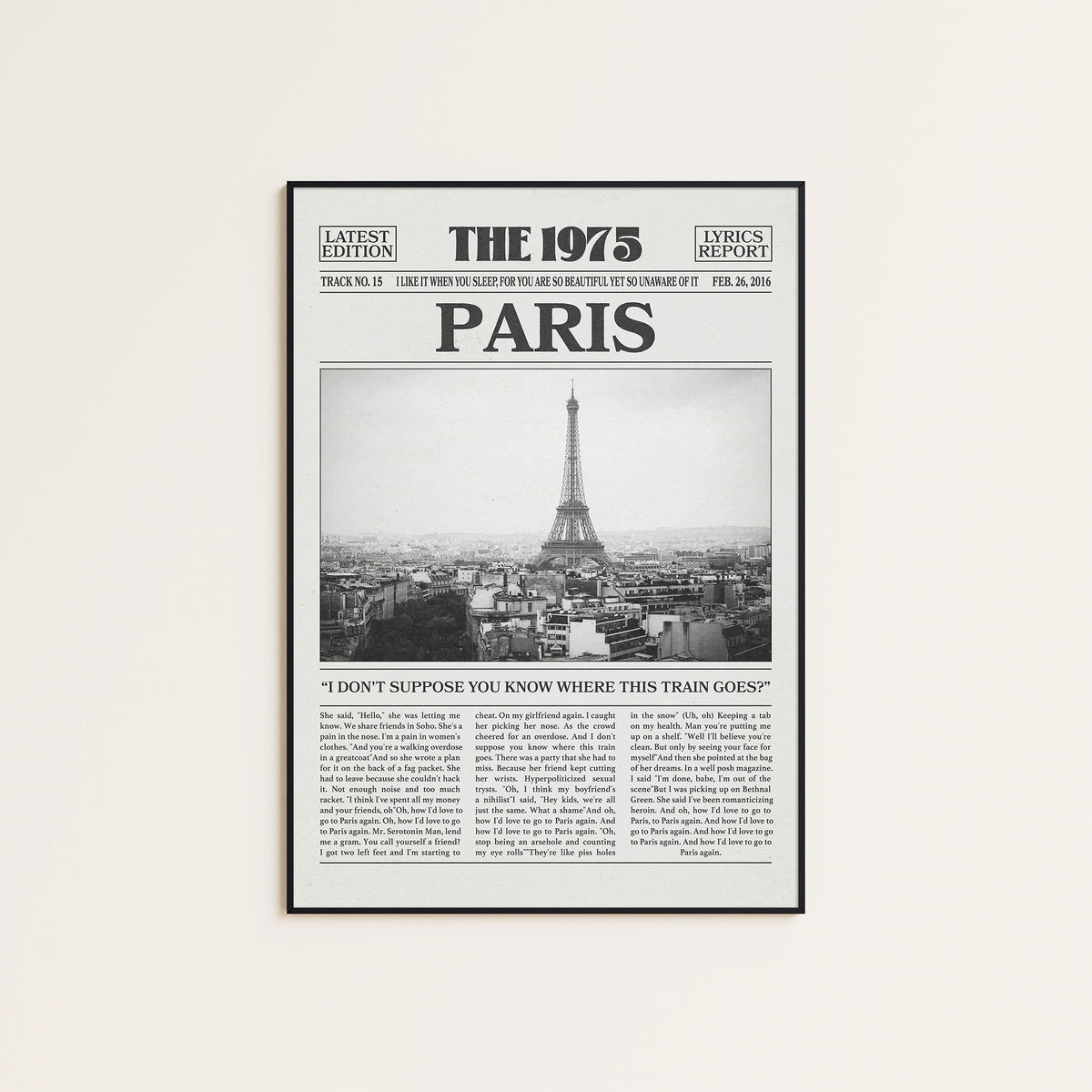 The 1975 Paris newspaper poster — black frame display