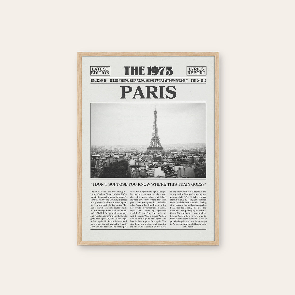 The 1975 Paris newspaper poster — natural wood frame